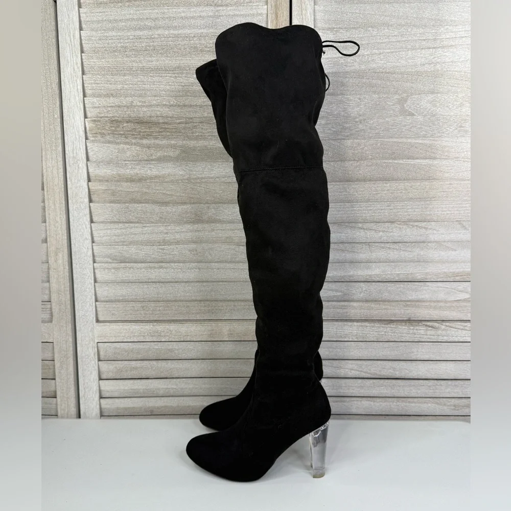 WILD DIVA (Lounge) Amaya Over the Knee Faux Suede Clear Heel Boots Black-8